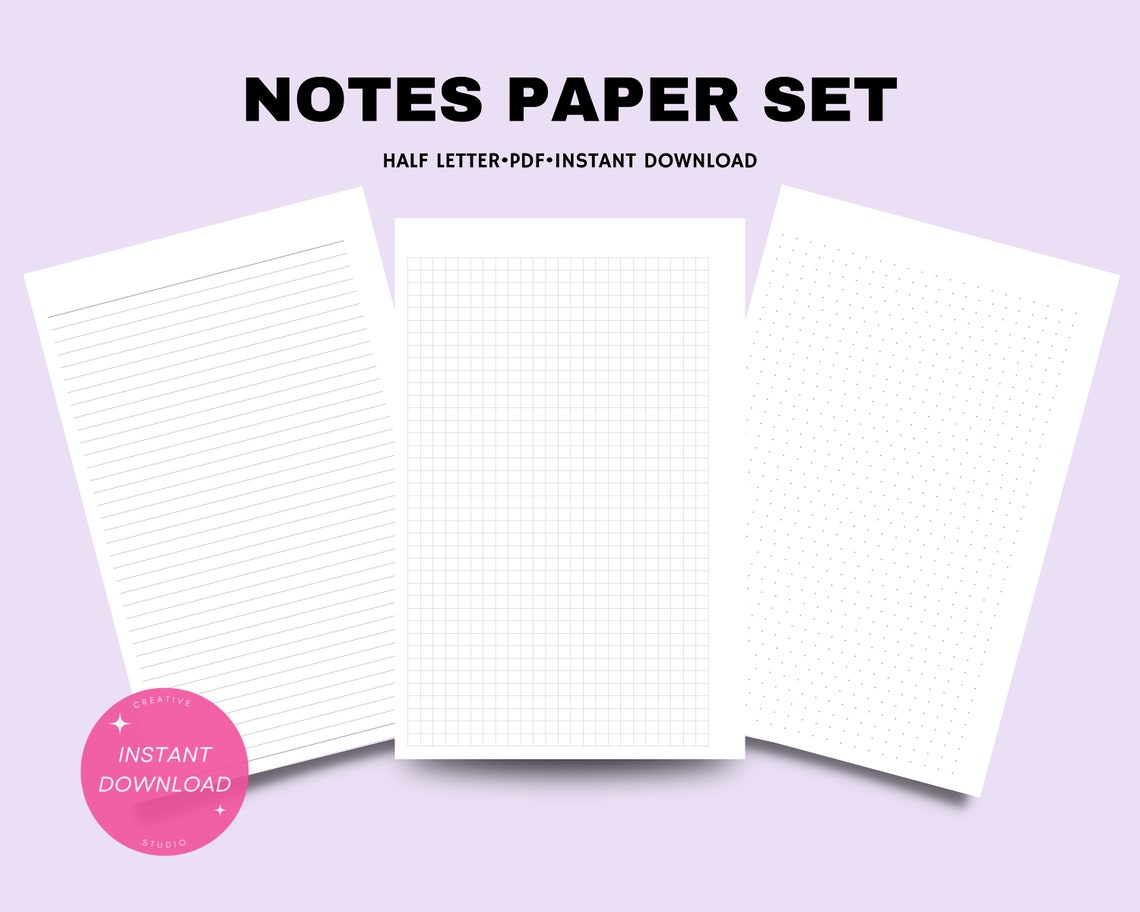 Notes Paper Set | Half Letter Printable Pages Pdf | Blank Line, Grid ...