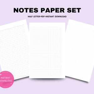 Notes paper set | Half Letter printable pages pdf | Blank Line, Grid, Dot layout template | Simple planner insert | Digital download