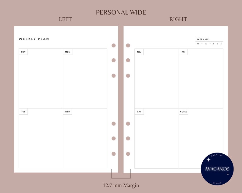 Weekly Planner | Personal Wide Insert | Undated WO2P | 2 Pages Week at ...