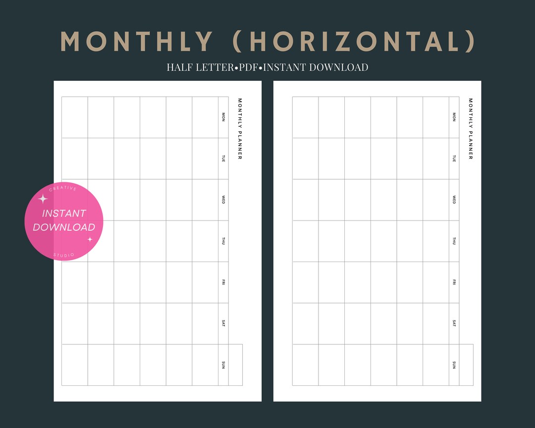 Monthly Planner Horizontal | Half Letter Undated Printable Inserts ...