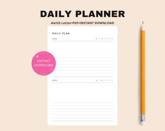 May include: A white daily planner with the text "DAILY PLANNER" at the top. The planner includes sections for daily plans and dates. A pink circle with "INSTANT DOWNLOAD" is on the left. A yellow pencil is on the right.