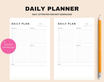 Daily Planner | Half Letter Printable Insert | Simple Layout Template ...