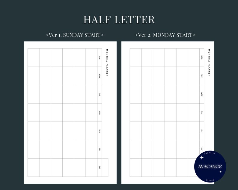 Monthly Planner Horizontal Half Letter Undated Printable - Etsy
