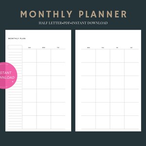 Monthly planner | Half Letter undated printable inserts | MO2P Layout template | Simple Organizer | Schedule organizer | Digital download