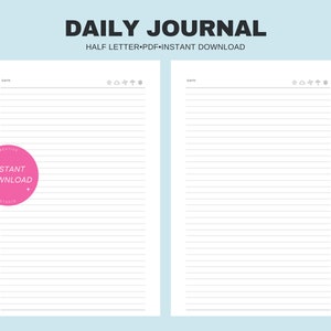 Daily journal | Undated Half Letter printable insert | Simple layout planner pages | Blank lined diary notes pdf | Digital download