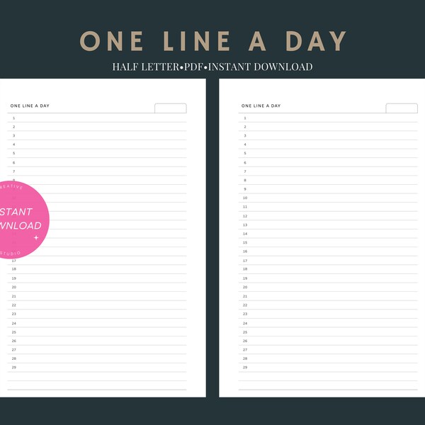 One line a day | Half-Letter undated printable insert | Simple style planner worksheet | Daily Journal template pages pdf | Digital download