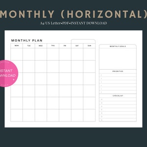 Monthly planner | A4&US Letter undated printable inserts | horizontal MO1P Layout template | Simple schedule organizer | Digital download