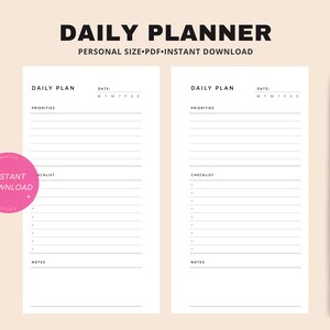 Daily planner | Personal printable insert pdf | Simple 2 page layout template | Undated schedule organizer | Diary paper | Digital download