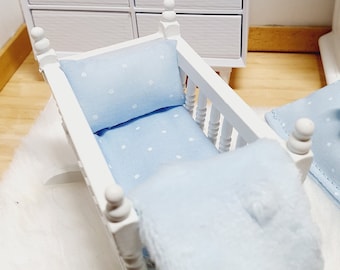 Dolls House Crib Bedding Set – Blue Polka Dot, 1:12 Scale