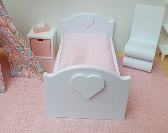 Dolls House Heart Junior Bed, Modern Doll House Furniture. 1:12th Scale, Miniature Bed