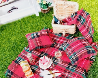 Dolls House Picnic Rug, Throw and Floor Cushions | 1:12th Scale | Miniature blanket