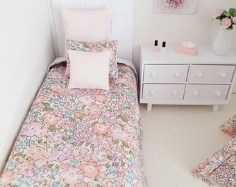 Dolls house Pretty Pink Liberty Single or Junior Bedding, Michelle Pink Fabric, 12th Scale Bedding