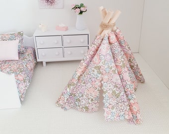 Dolls house Pretty Pink Liberty TeePee / Tent, Michelle Pink Fabric, 12th scale tent, miniature teepee, Tipi, Tent