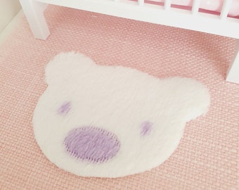 Dolls House Cute Child's Fur Teddy Bear Rug, White with a lilac nose, 1:12th Scale, Miniature rug