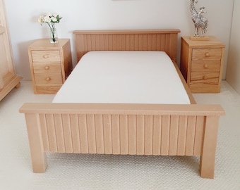 Dolls House Wooden Effect Double Bed 1:12th Scale, Miniature Bed with White Mattress