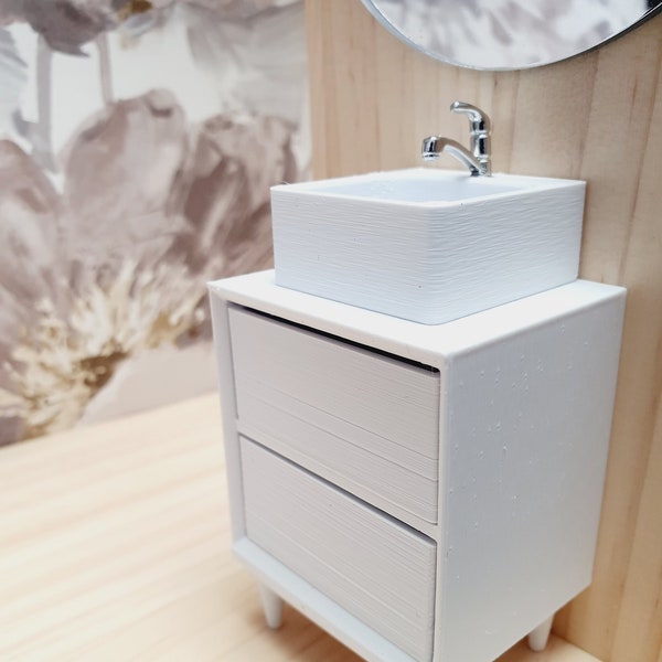 Dolls House Modern Bathroom Vanity with White Round or Square Sink  1:12th Scale, Miniature Cloakroom Sink (VA-4-D3-L2)
