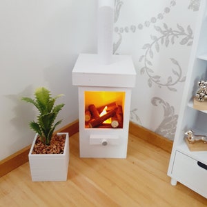 Dolls House Modern White Square Log Fire with Light Up Flame and Wood, 1:12th Scale, Miniature Fire (FIRE7)