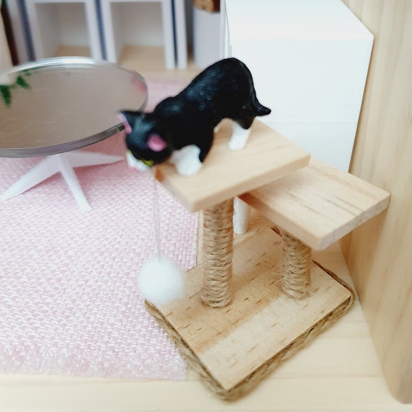 Dolls House Cat Stand and Scratching Post with Toy Hanging Pom Pom, 12th Scale, Miniature Cat Post