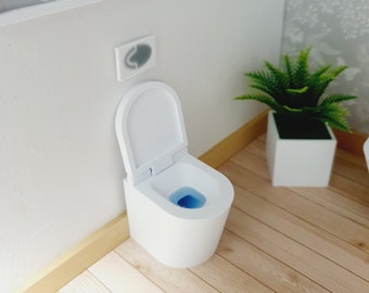 Dolls House White Modern Back to Wall Toilet With Working Hinged Toilet Lid & blue toilet cleaner, 12th Scale, Miniature Toilet (T6)