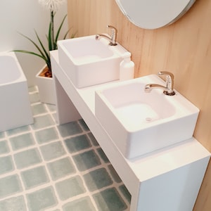 Dolls House Modern Vanity Stand with 2x White Round or Square Sink  1:12th Scale, Miniature Vanity Unit (VA-BB)