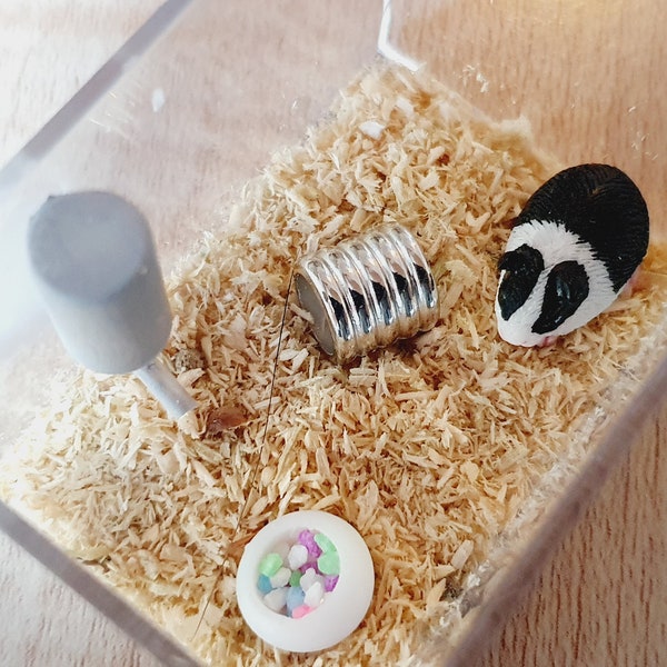 Poppenhuis cavia-kooi met voedsel, waterfles en oefenbuis, 12e schaal, miniatuur,