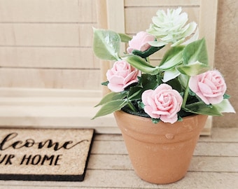Dolls House Terracotta plant pot with pink roses, 1:12th Scale, Miniature