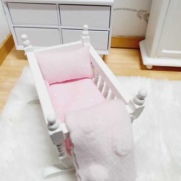 Dolls House Polka Dot Crib Bedding, Cute Pink or Blue, 12th scale, miniature bedding