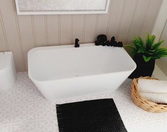 Dolls House Modern White Bath with black tap, 1:12th Scale, Miniature Freestanding bath (BATH3)