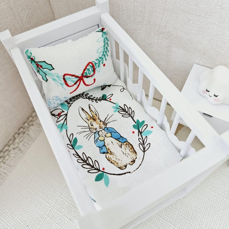 Dolls House Christmas Cot Bedding, Cute Peter Rabbit, 12th Scale