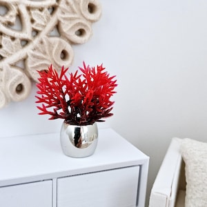 Dolls House Silver Plant Pot with Red Plant  1:12th Scale, Miniature