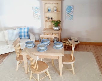 Dolls House Miniature Furniture: Rustic Wooden Dresser, Table & 4 Chairs Set