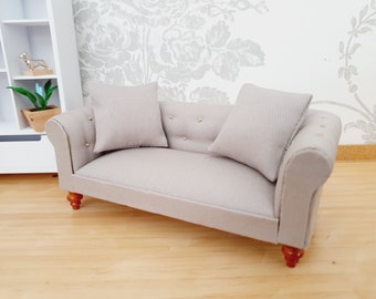 Dolls House Grey Chesterfield  Sofa with 2x Matching Scatter Cushions,  1:12th Scale, Miniature Sofa (SOFACH)