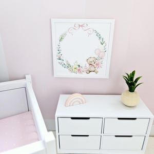 Dolls House Nursery Art: Pink Teddy Bear Miniature Framed Picture (12th Scale)