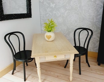 Dollhouse Wooden Table with Drawers, Miniature Rustic Farmhouse Furniture