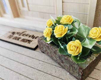 Dolls House Stone Effect Plant Pot with Yellow Roses | Modern Planter | 1:12 Scale