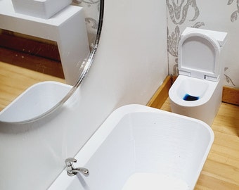 Sarini Puppenhaus Badezimmer Set – 8-teilig Aus Holz, Mit Toilette, Badewanne & Waschbecken – Für Maßstab 1:12
