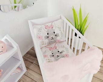 Dolls House Cot Bedding Set – Handmade Rabbit Design, 1:12 Scale