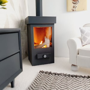 Dolls House Modern Dark Grey Square Log Fire with Light Up Flame and Wood, 1:12th Scale, Miniature Fire (FIRE5)