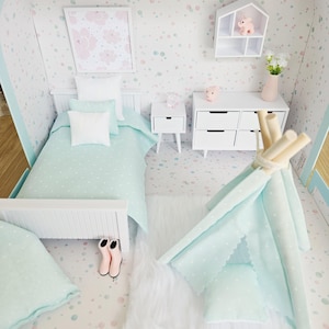 Dolls House in a Travel Suitcase, Pretty Mint Polka Dot with pink accessories design, 12th Scale, Miniature cas