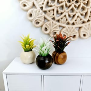 Dolls House Lovely Set of 3 Wooden Plant Pots with Plants  1:12th Scale, Miniature Pot