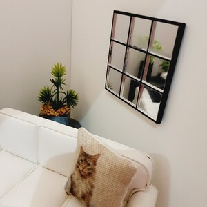 May include: A white couch with a pillow featuring a cat design sits in a room with a black framed mirror with nine square panes. A small potted plant is on the floor next to the couch.