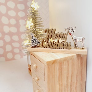 Dolls House Christmas Ornament, Merry Christmas on a Stand with a Reindeer & Christmas Tree, 1:12th Scale, Miniature Christmas Ornament