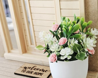 Modern Oversized Dolls House Plant Pot with White Pink Flowers | 1:12 Scale Miniature