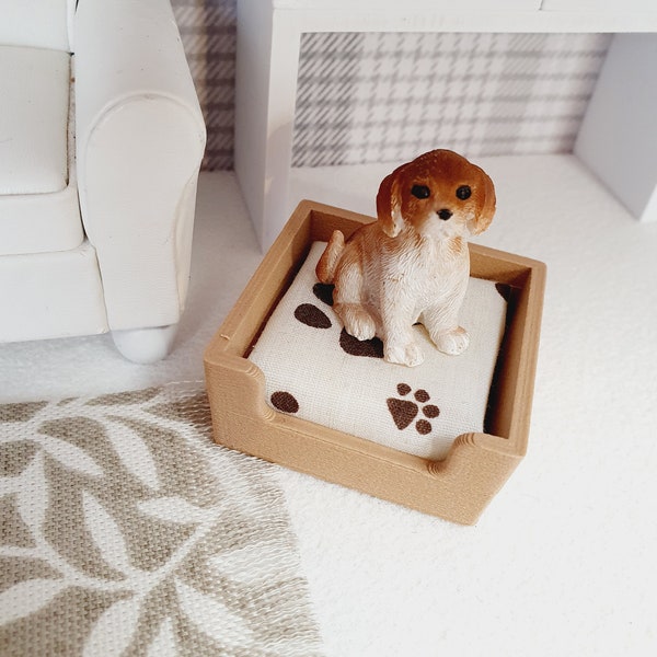 Dolls House Choice of Colours Dog Bed with Paw Print Pad, 12th Scale, Miniature Pet Bed