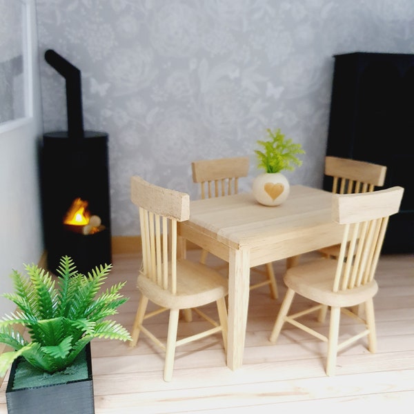 Dolls House Wooden Table and 4 Chairs Set,  Miniature Furniture, Dollhouse Accessories, Rustic Farmhouse Style (K-SET)