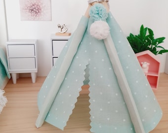 Dolls house Pretty pale mint with white polka dot Teepee, 12th scale tent, miniature teepee