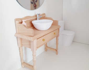 Dolls House Modern Wooden Vanity Stand with 1x White Round Sink and a large round mirror 1:12th Scale, Miniature Vanity Unit (VAW-1)