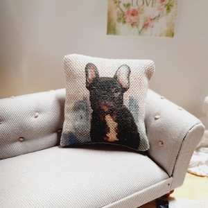 Dolls house French Bulldog Cushion, 12th scale cushions, miniature cushion