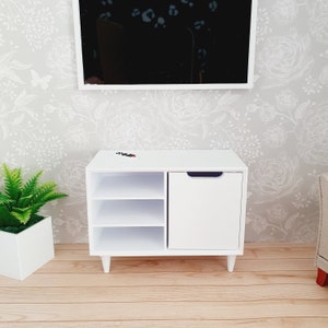 Dolls House Modern Small Sideboard with 3 open shelves & 1 cupboard, Choice of Colours 1:12th Scale, Miniature