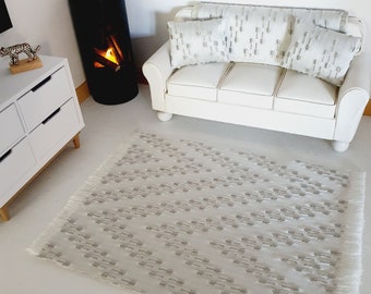 Dolls House Off White with Silver Design Rug  1:12th Scale, Miniature Rug, matching cushions & throw